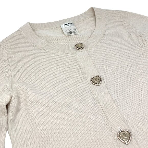 CHANEL Vintage 09C CC Logo Long Cardigan #34 Knit Heart Button Cream [105126] - Picture 7 of 11